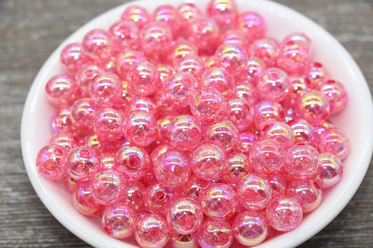 10mm Hot Pink AB Gumball Beads, Iridescent Acrylic Crackle Loose Beads, Bubblegum Beads, Chunky Beads, Smooth Round Plastic Beads #1752