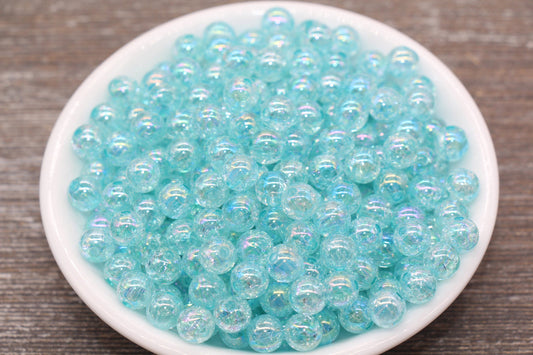 8mm Baby Blue AB Gumball Beads, Iridescent Acrylic Crackle Loose Beads, Blue Bubblegum Beads, Chunky Beads, Smooth Round Plastic Beads #1756