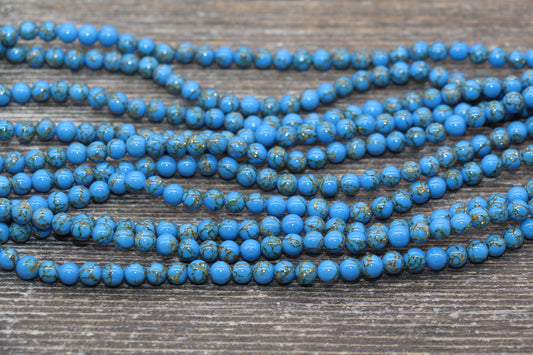 Gold Lace Turquoise Beads, Blue Gemstone Beads, Gemstone Smooth Round Beads, Sizes 4mm 6mm 8mm 10mm 12mm, 15.5 inch, #211