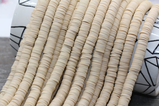 8mm Beige Heishi Beads, Beige Polymer Clay Disc Beads, African Disc Beads, Vinyl Heishi, 16 inch Strand #34