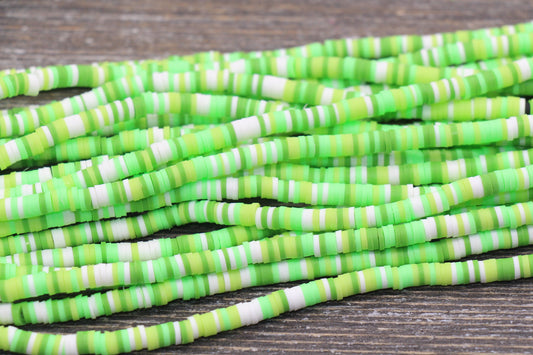 4mm Multicolor Green Heishi Beads, Multicolored Polymer Clay Disc Beads, Rainbow African Disc Beads, Vinyl Heishi, 16 inch Strand #189