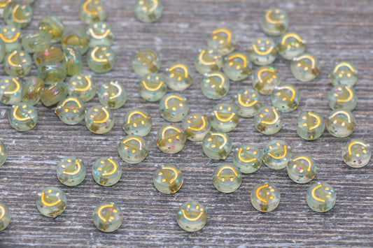 Smiley Face Round Beads, Glitter Gold Emoji Beads, Happy Face Beads, Plastic Round Beads Size 7mm #184