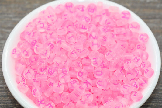 NEW COLOR! Matte Pink Round Alphabet Letter Beads, Matte Beads with Pink Letters, Acrylic Round Name Beads, Name Beads, Size 7mm #1162