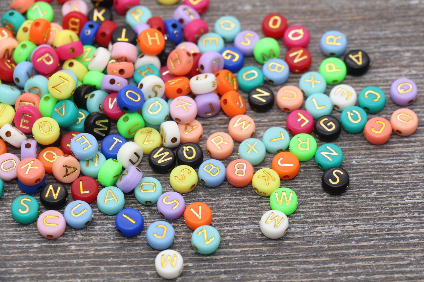 NEW COLOR! Multicolor Round Alphabet Letter Beads, Multicolored Beads with Gold Letters, Acrylic Round Name Beads, Size 7mm #1735