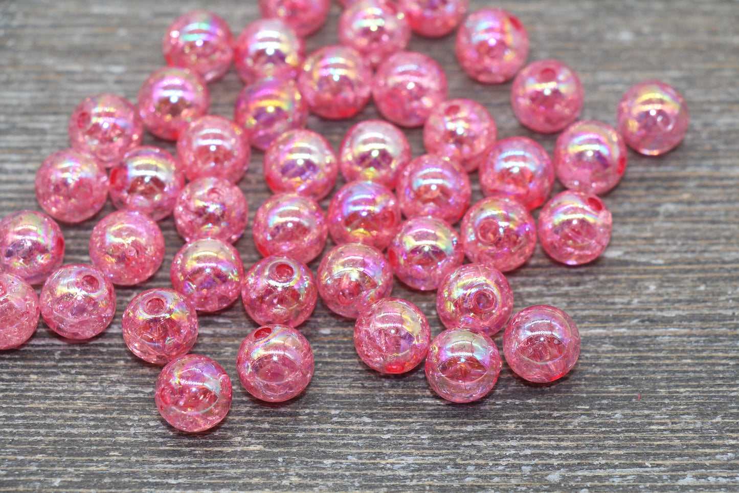 10mm Hot Pink AB Gumball Beads, Iridescent Acrylic Crackle Loose Beads, Bubblegum Beads, Chunky Beads, Smooth Round Plastic Beads #1752