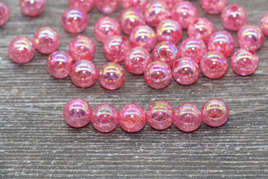 10mm Hot Pink AB Gumball Beads, Iridescent Acrylic Crackle Loose Beads, Bubblegum Beads, Chunky Beads, Smooth Round Plastic Beads #1752