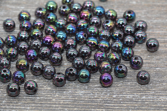 8mm Black AB Gumball Beads, Iridescent Acrylic Crackle Loose Beads, Bubblegum Beads, Chunky Beads, Smooth Round Plastic Beads #1758