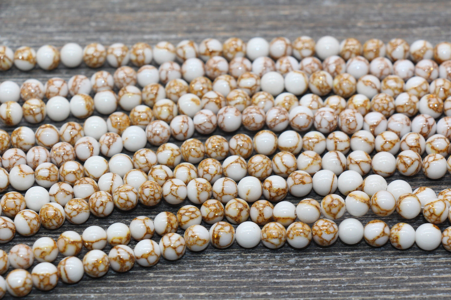 Gold Lace Turquoise Beads, White Turquoise with Gold Lace Gemstone Beads, Smooth Round Beads, Sizes 4mm 6mm 8mm 10mm 12mm, 15.5 inch, #210