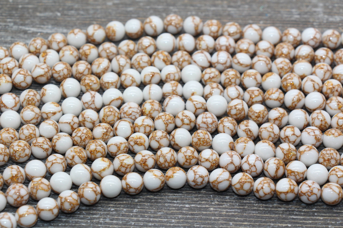 Gold Lace Turquoise Beads, White Turquoise with Gold Lace Gemstone Beads, Smooth Round Beads, Sizes 4mm 6mm 8mm 10mm 12mm, 15.5 inch, #210