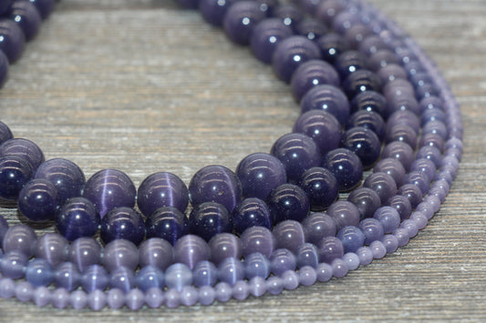 Purple Cat Eye Beads, Purple Smooth Round Beads, Sizes 4mm, 6mm, 8mm, 10mm, 12mm, Full Strand 15.5 inch, #207