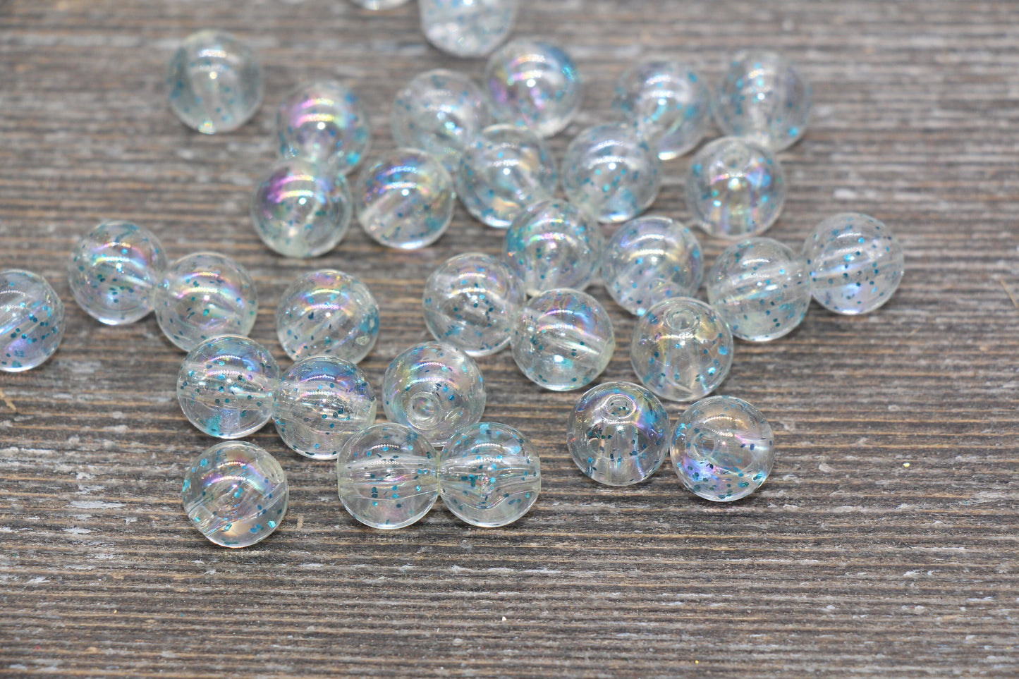 10mm Iridescent Translucent Beads with Blue Glitter, Shinny Bubblegum Beads, Sparkle Chunky Beads, Smooth Round Plastic Beads #1829