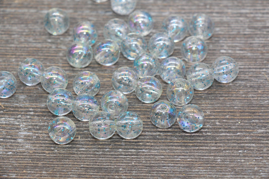 10mm Iridescent Translucent Beads with Blue Glitter, Shinny Bubblegum Beads, Sparkle Chunky Beads, Smooth Round Plastic Beads #1829