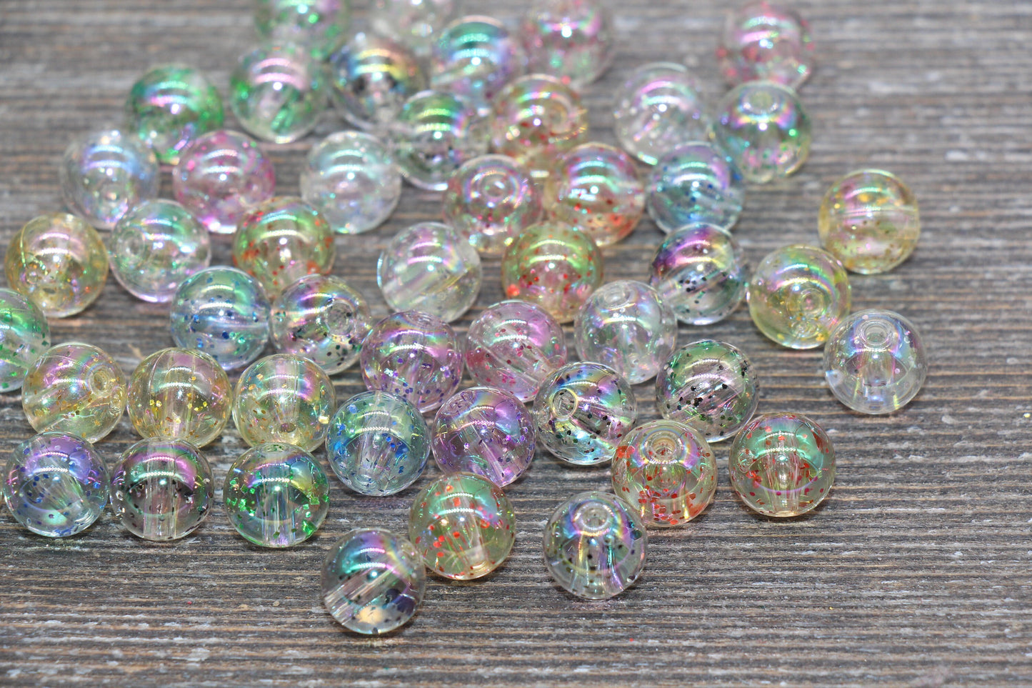 10mm Iridescent Translucent Multicolor Beads with Glitter, Shinny Bubblegum Beads, Sparkle Chunky Beads, Smooth Round Plastic Beads #1831
