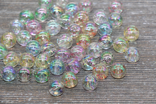 10mm Iridescent Translucent Multicolor Beads with Glitter, Shinny Bubblegum Beads, Sparkle Chunky Beads, Smooth Round Plastic Beads #1831