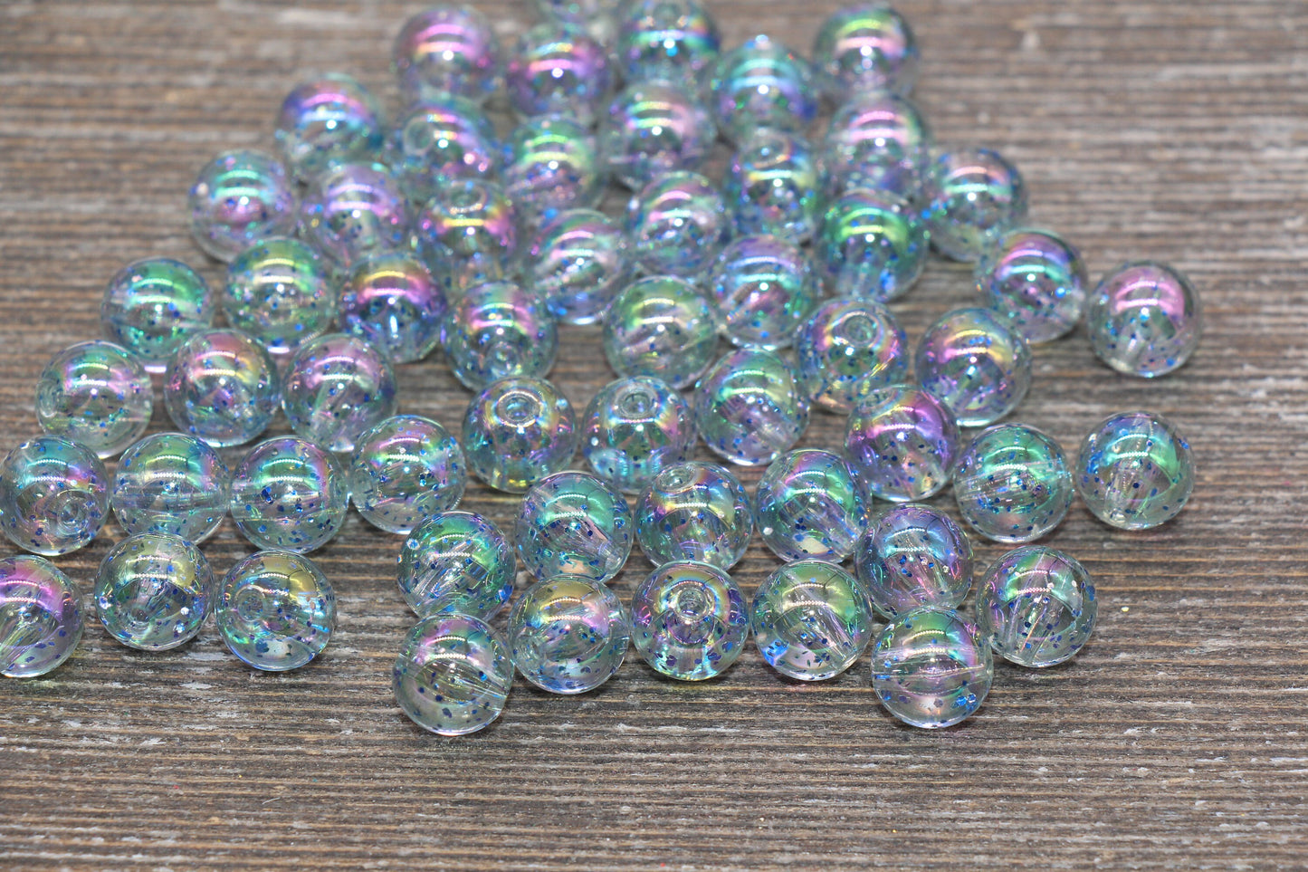 10mm Iridescent Translucent Blue Beads with Glitter, Shinny Bubblegum Beads, Sparkle Chunky Beads, Smooth Round Plastic Beads #1832