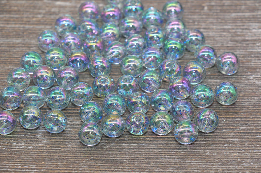 10mm Iridescent Translucent Blue Beads with Glitter, Shinny Bubblegum Beads, Sparkle Chunky Beads, Smooth Round Plastic Beads #1832