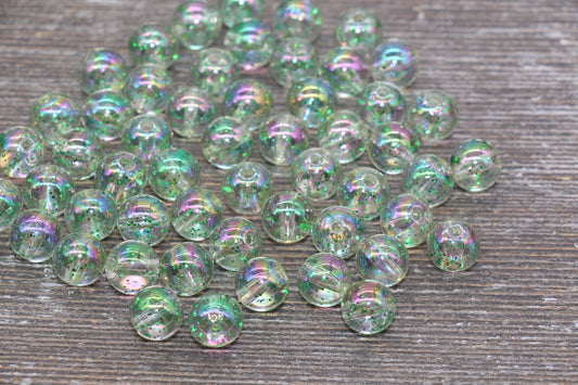 10mm Iridescent Translucent Green Beads with Glitter, Shinny Bubblegum Beads, Sparkle Chunky Beads, Smooth Round Plastic Beads #1833