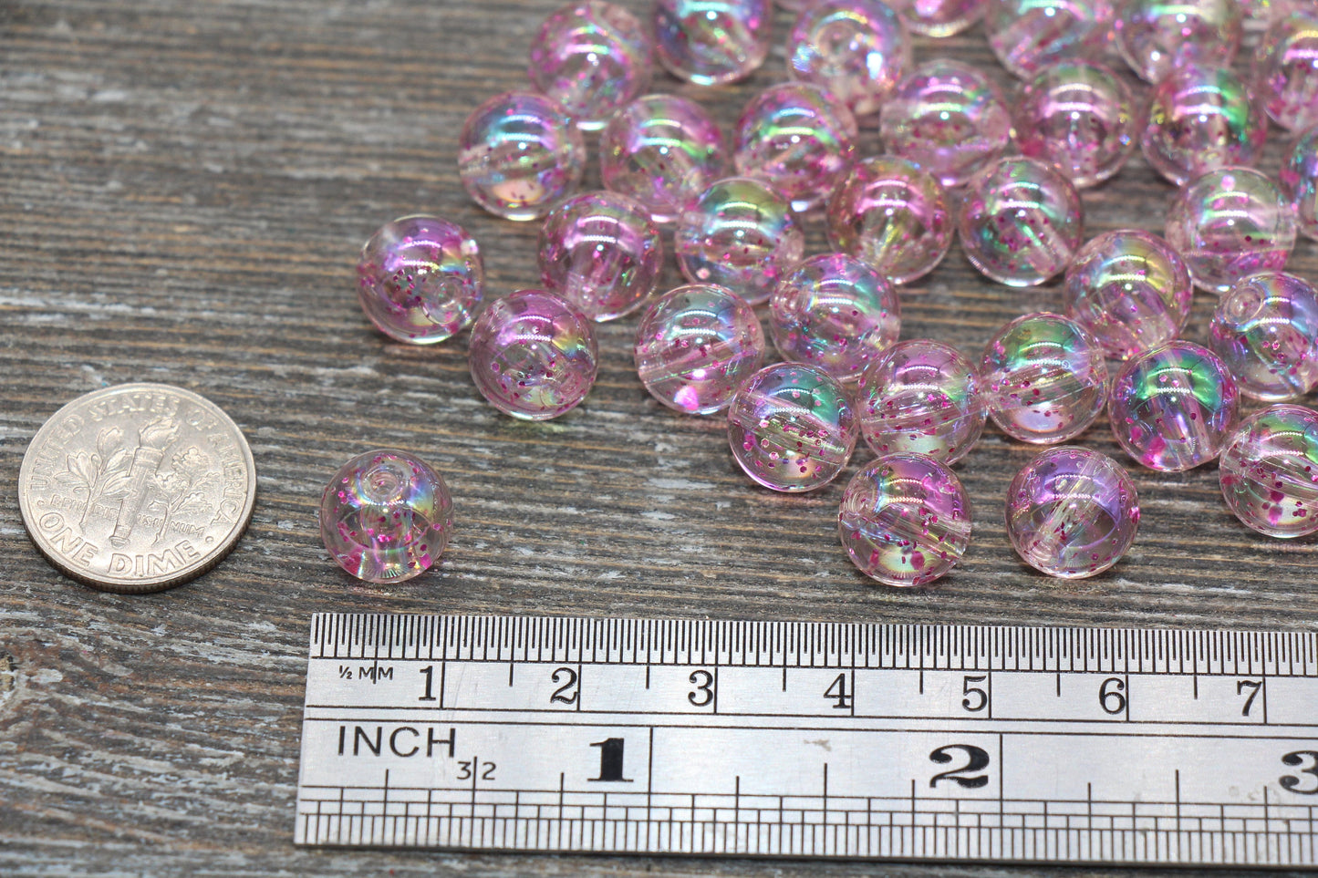 10mm Iridescent Translucent Pink Beads with Glitter, Shinny Bubblegum Beads, Sparkle Chunky Beads, Smooth Round Plastic Beads #1834