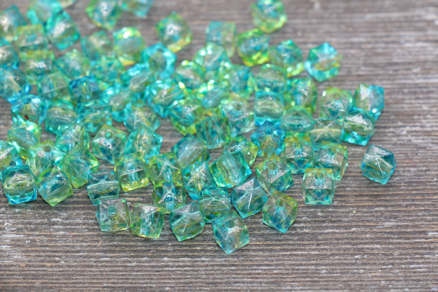 8mm Square Ombre Beads, Green Ombre Translucent Square Faceted Beads, Cube Beads, Chunky Beads, Crystal Look Beads #1864