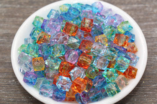 10mm Square Ombre Beads, Multicolor Ombre Translucent Square Faceted Beads, Cube Beads, Chunky Beads, Crystal Look Beads #1869