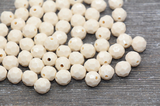 10mm Ivory Faceted Gumball Beads, Round Acrylic Loose Beads, Chunky Beads, Faceted Plastic Beads, Bubble Gum Beads #558