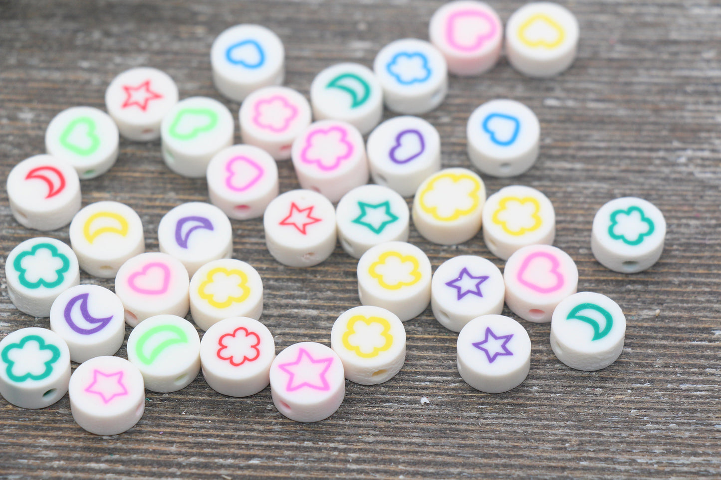 Flower, Heart, Star, Moon Beads, Polymer Clay Beads, Clay Cane Beads, Assorted Symbol Beads, Multicolor Clay Beads #51