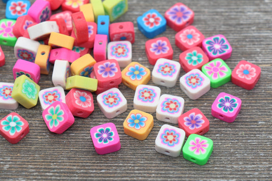 Multicolor Flower Polymer Clay Beads, Cube Flower Cane Beads, Assorted Flower Beads, Square Flower Beads, Mix Colors Flower Beads #54