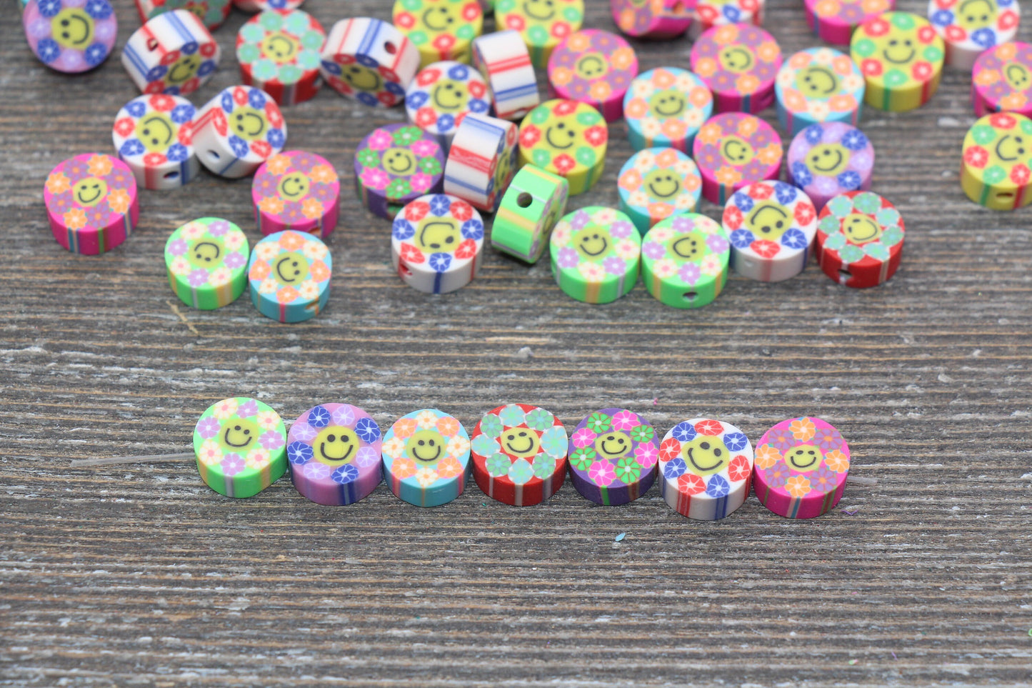 Smiley Face Multicolor Flower Polymer Clay Beads, Round Happy Face Flower Cane Beads, Assorted Flower Beads, Mix Colors Flower Beads #55