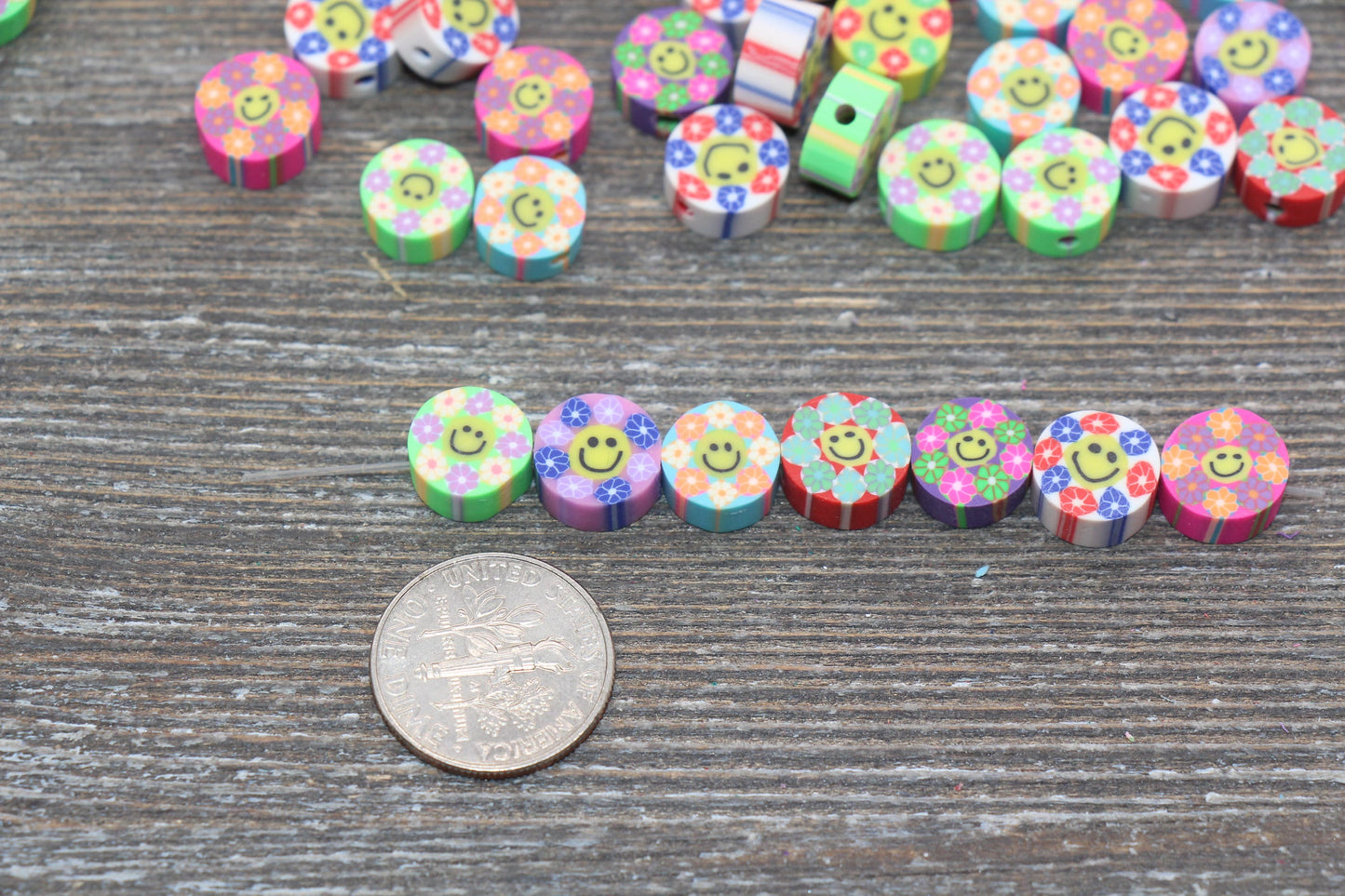 Smiley Face Multicolor Flower Polymer Clay Beads, Round Happy Face Flower Cane Beads, Assorted Flower Beads, Mix Colors Flower Beads #55