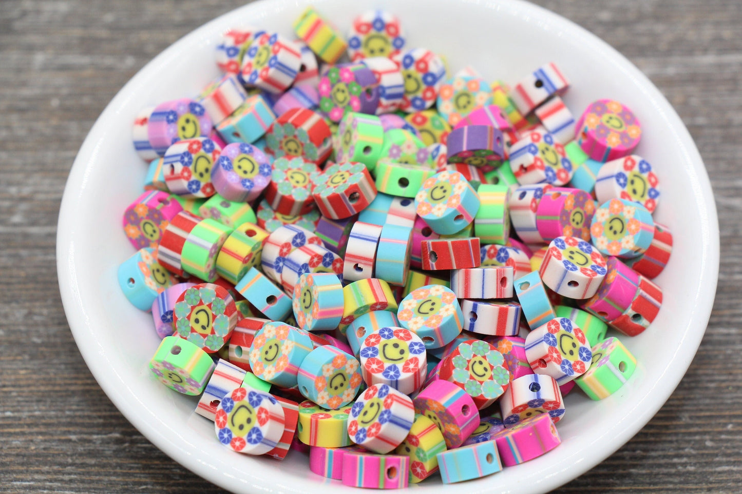 Smiley Face Multicolor Flower Polymer Clay Beads, Round Happy Face Flower Cane Beads, Assorted Flower Beads, Mix Colors Flower Beads #55