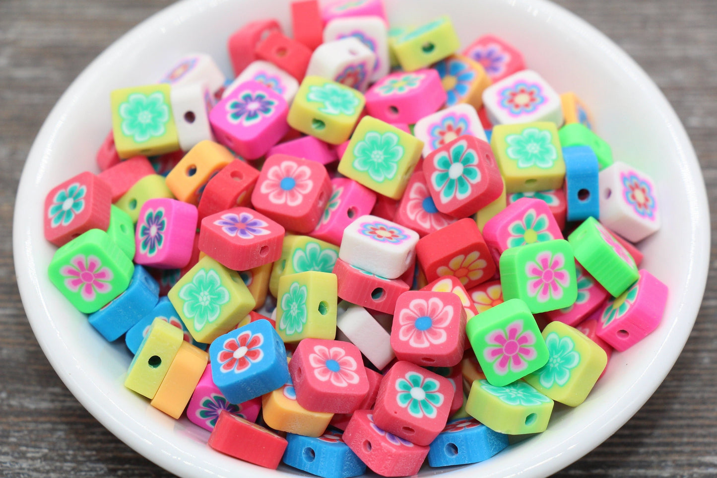 Multicolor Flower Polymer Clay Beads, Cube Flower Cane Beads, Assorted Flower Beads, Square Flower Beads, Mix Colors Flower Beads #54