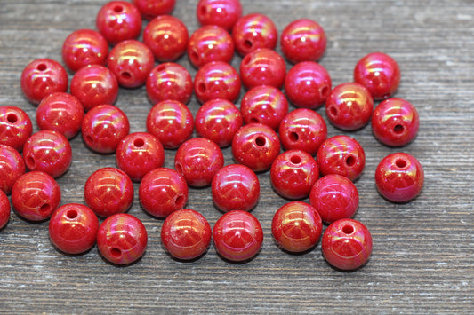 12mm Red AB Gumball Beads, Iridescent Red Acrylic Loose Beads, Solid Bubblegum Beads, Chunky Beads, Glossy Smooth Round Plastic Beads #1815