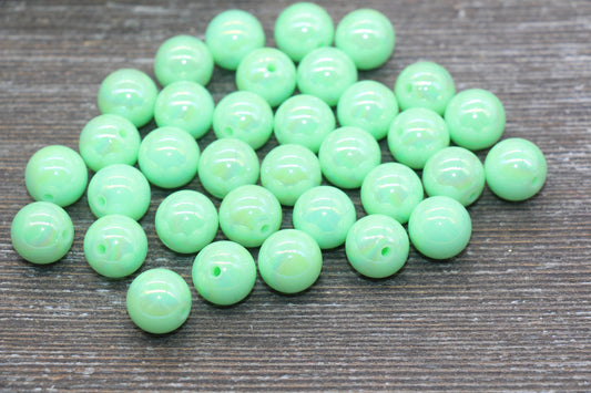 12mm Mint Green AB Gumball Beads, Iridescent Green Acrylic Loose Beads, Solid Bubblegum Beads, Chunky Beads, Glossy Smooth Round Beads #1817