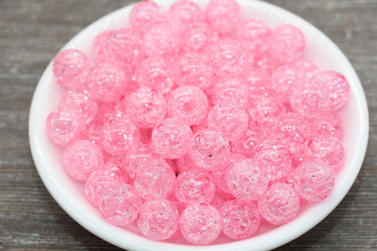 12mm Pink Crackle Gumball Beads, Acrylic Crackle Loose Beads, Bubblegum Beads, Chunky Beads, Smooth Round Plastic Beads #1827