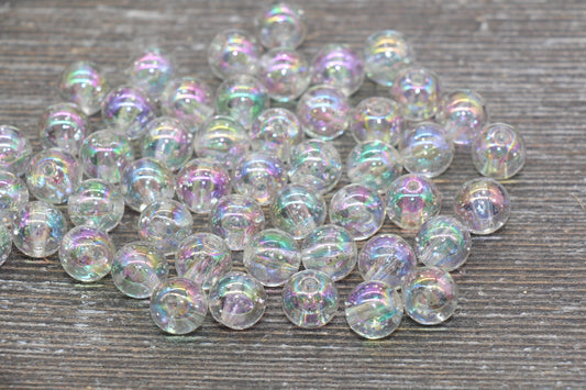 10mm Iridescent Translucent Beads with Silver Glitter, Shinny Bubblegum Beads, Sparkle Chunky Beads, Smooth Round Plastic Beads #1828