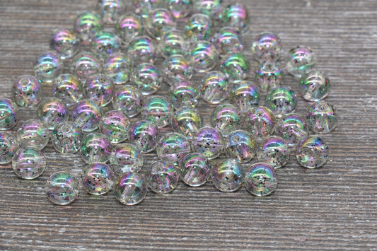 10mm Iridescent Translucent Beads with Glitter, Shinny Bubblegum Beads, Sparkle Chunky Beads, Smooth Round Plastic Beads #1830