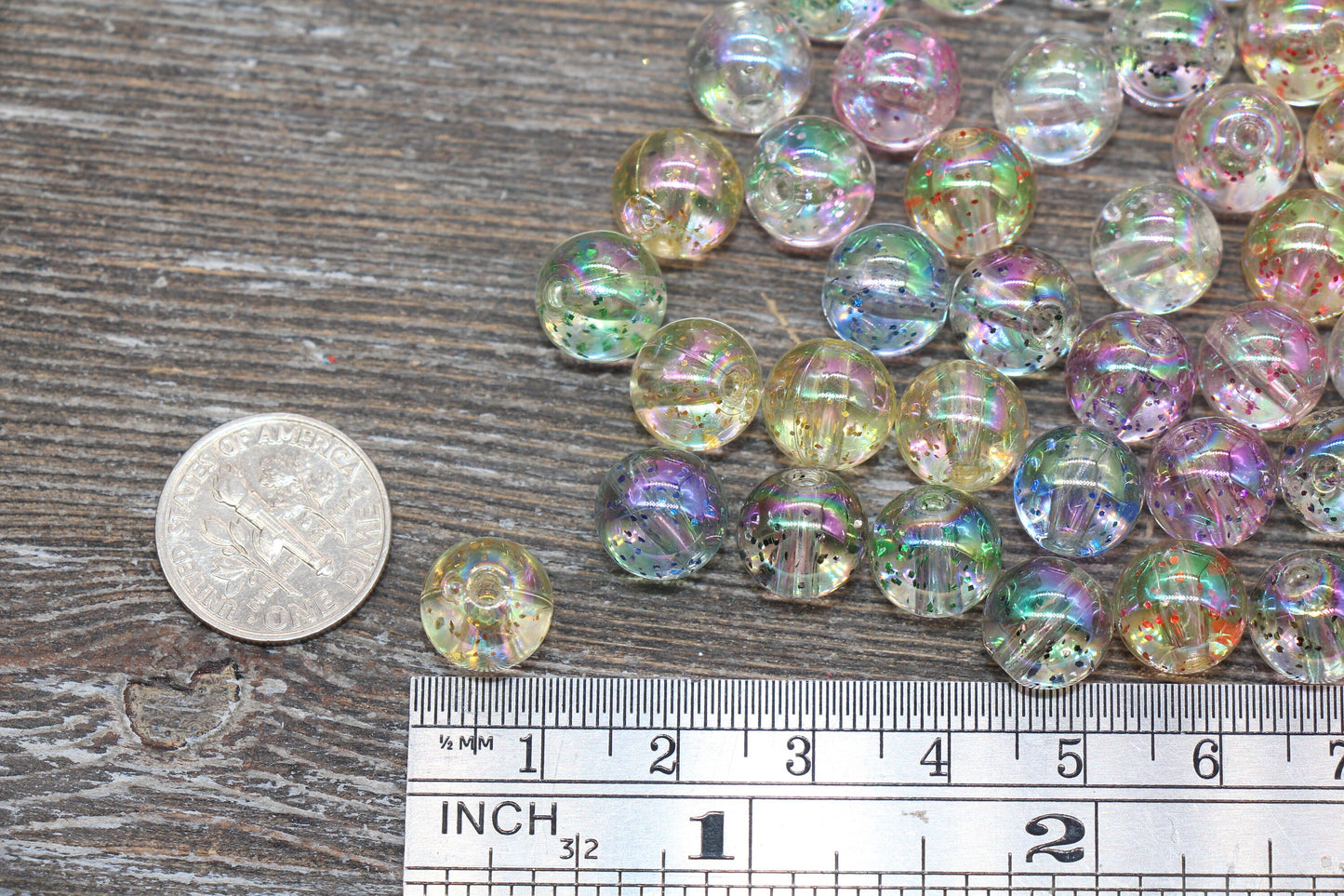 10mm Iridescent Translucent Multicolor Beads with Glitter, Shinny Bubblegum Beads, Sparkle Chunky Beads, Smooth Round Plastic Beads #1831