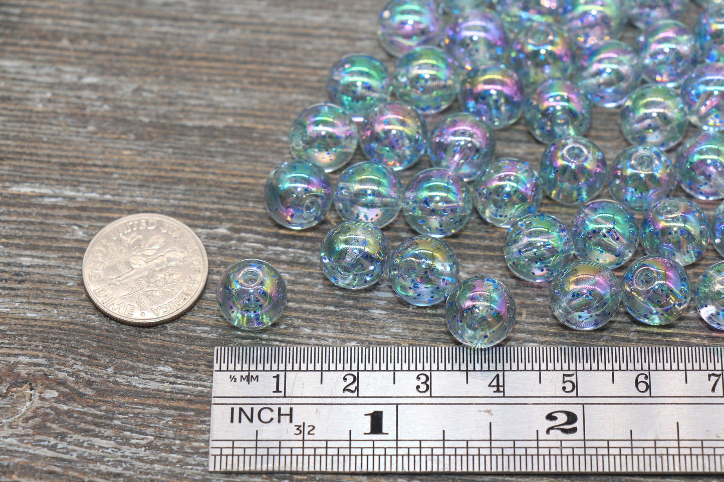 10mm Iridescent Translucent Blue Beads with Glitter, Shinny Bubblegum Beads, Sparkle Chunky Beads, Smooth Round Plastic Beads #1832