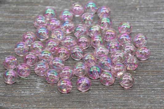 10mm Iridescent Translucent Pink Beads with Glitter, Shinny Bubblegum Beads, Sparkle Chunky Beads, Smooth Round Plastic Beads #1834