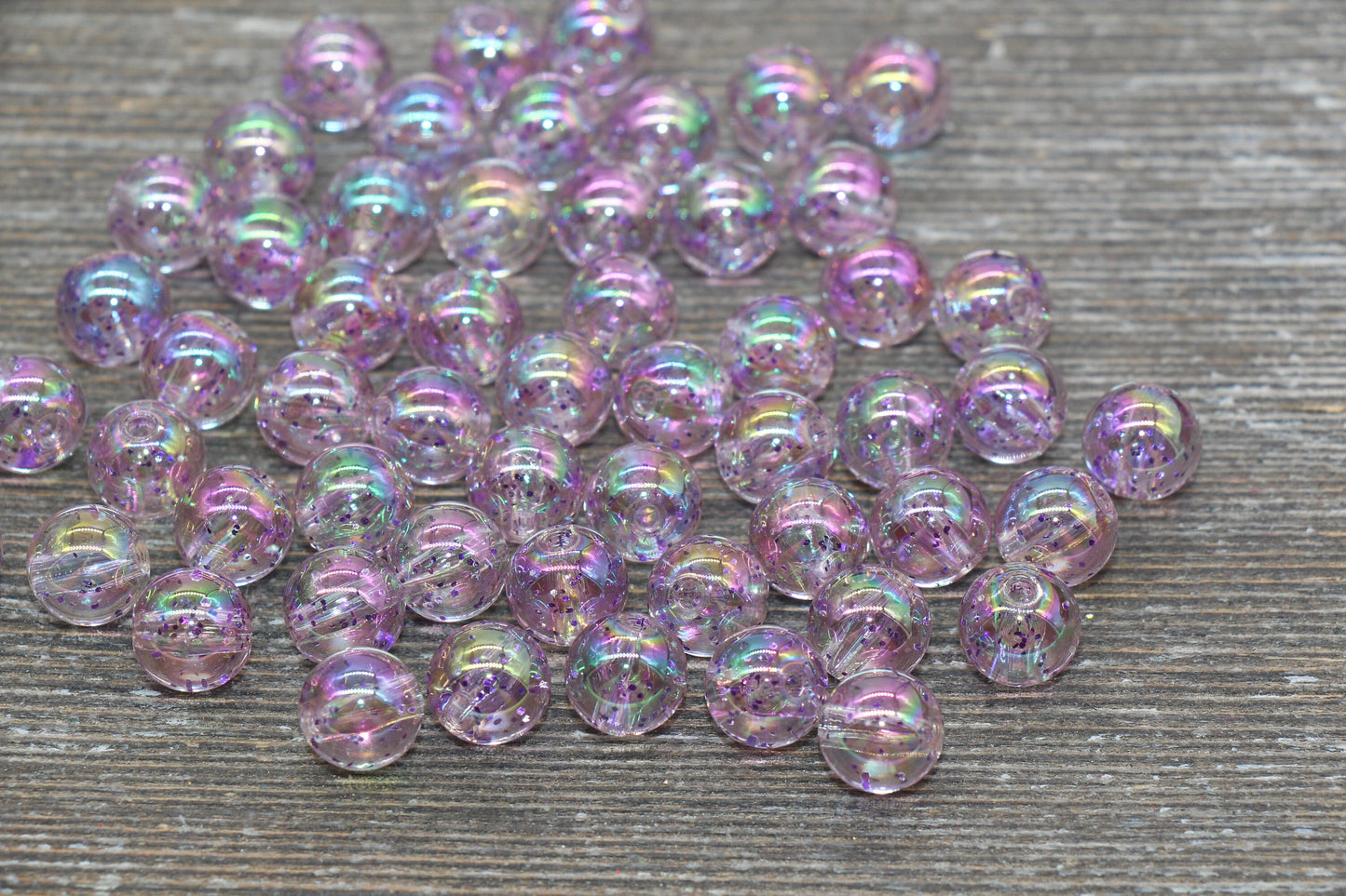 10mm Iridescent Translucent Purple Beads with Glitter, Shinny Bubblegum Beads, Sparkle Chunky Beads, Smooth Round Plastic Beads #1836