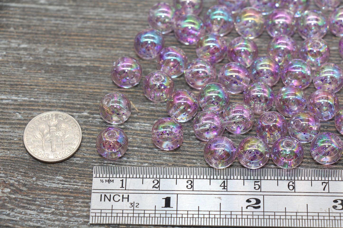 10mm Iridescent Translucent Purple Beads with Glitter, Shinny Bubblegum Beads, Sparkle Chunky Beads, Smooth Round Plastic Beads #1836