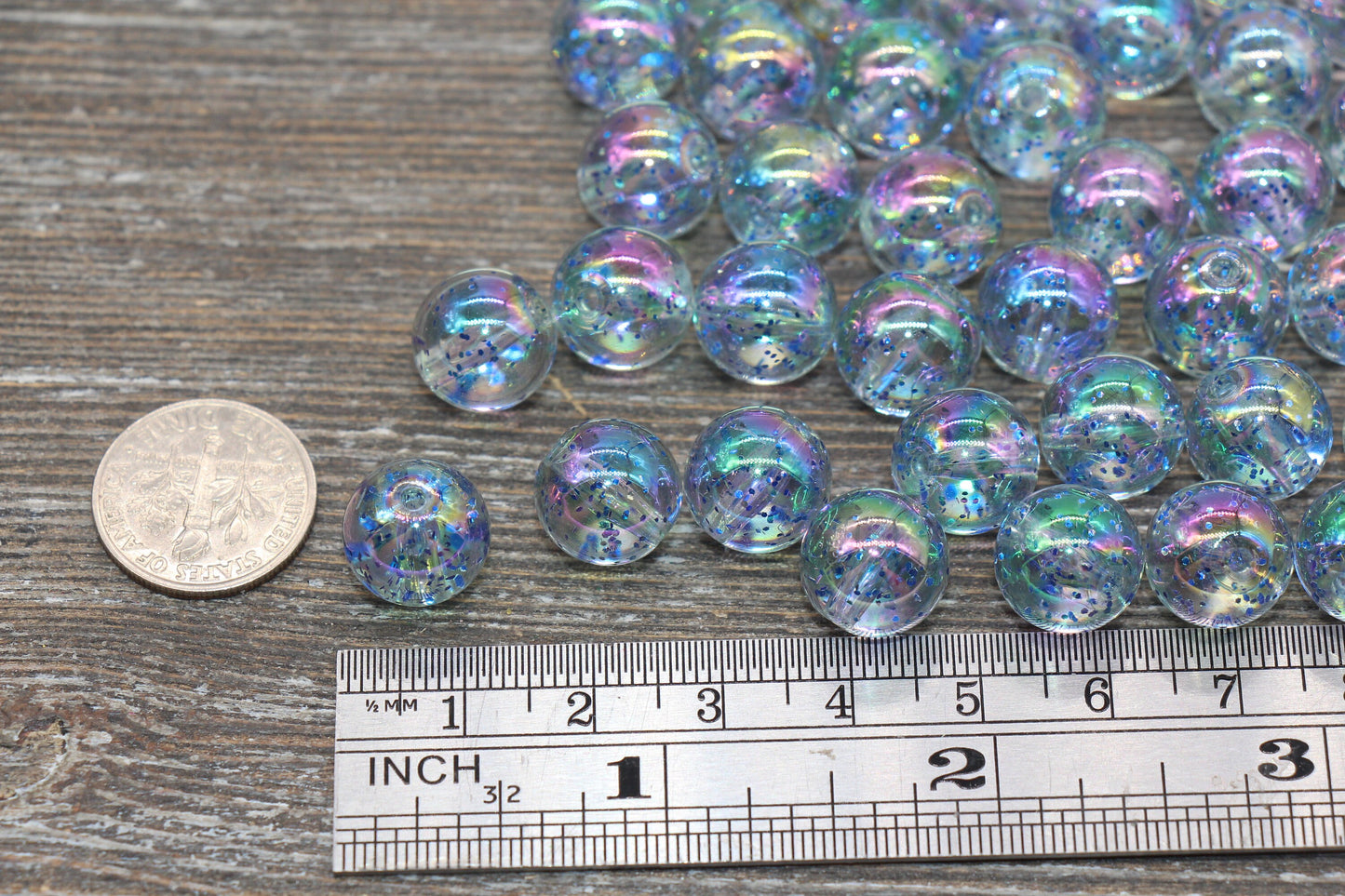 12mm Iridescent Translucent Blue Beads with Glitter, Shinny Bubblegum Beads, Sparkle Chunky Beads, Smooth Round Plastic Beads #1838