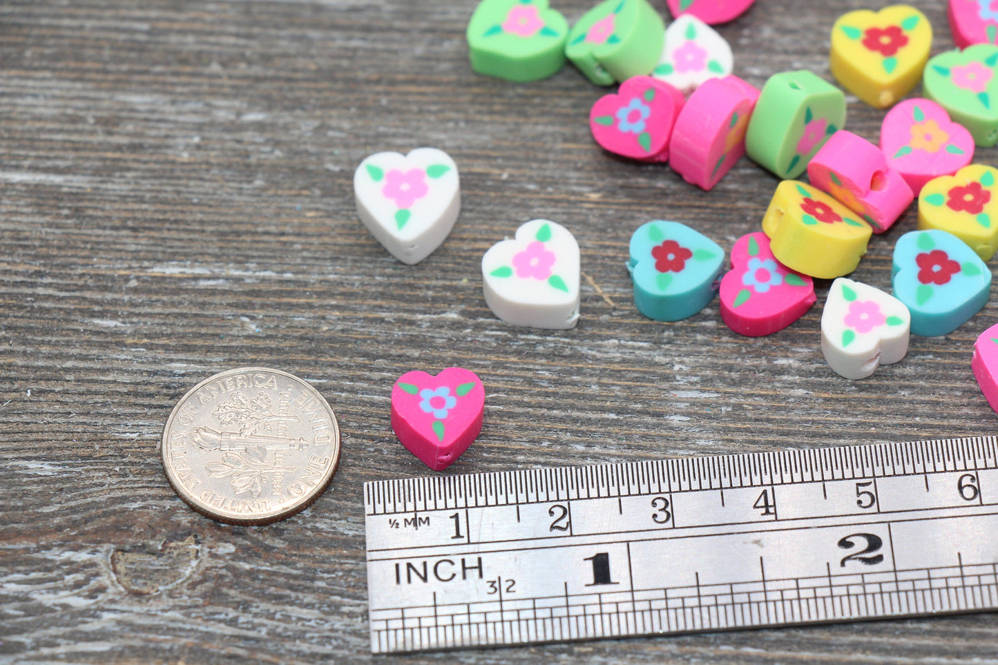 Flower Polymer Clay Beads, Heart Shape Flower Printed Fimo Cane Beads, Assorted Flower Beads, Heart Flower Slice Beads #27