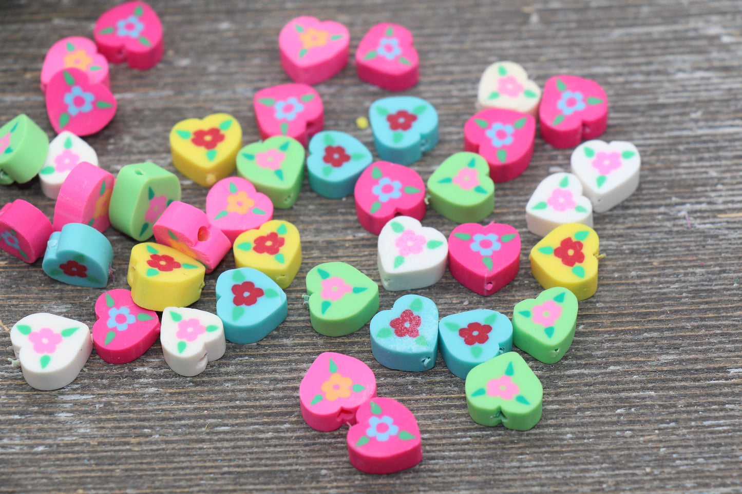 Flower Polymer Clay Beads, Heart Shape Flower Printed Fimo Cane Beads, Assorted Flower Beads, Heart Flower Slice Beads #27