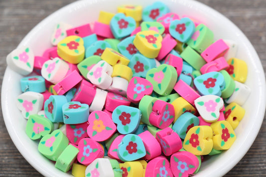 Flower Polymer Clay Beads, Heart Shape Flower Printed Fimo Cane Beads, Assorted Flower Beads, Heart Flower Slice Beads #27