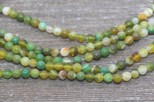 Stripe Agate Beads, Green Stripe Agate, Green Gemstone Smooth Round Beads, Size 6mm 8mm 10mm, Full Strand 15.5 inch, #241