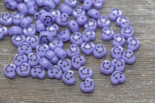 Purple Heart Smiley Face Beads, Heart Shape Smiley Face Beads, Cute Smiling Face Beads, Happy Face Beads, Craft Bracelet Beads #2026