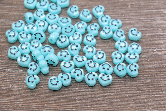 Light Blue Smiley Face Beads, Heart Shape Smiley Face Beads, Cute Smiling Face Beads, Happy Face Beads, Craft Bracelet Beads #2027