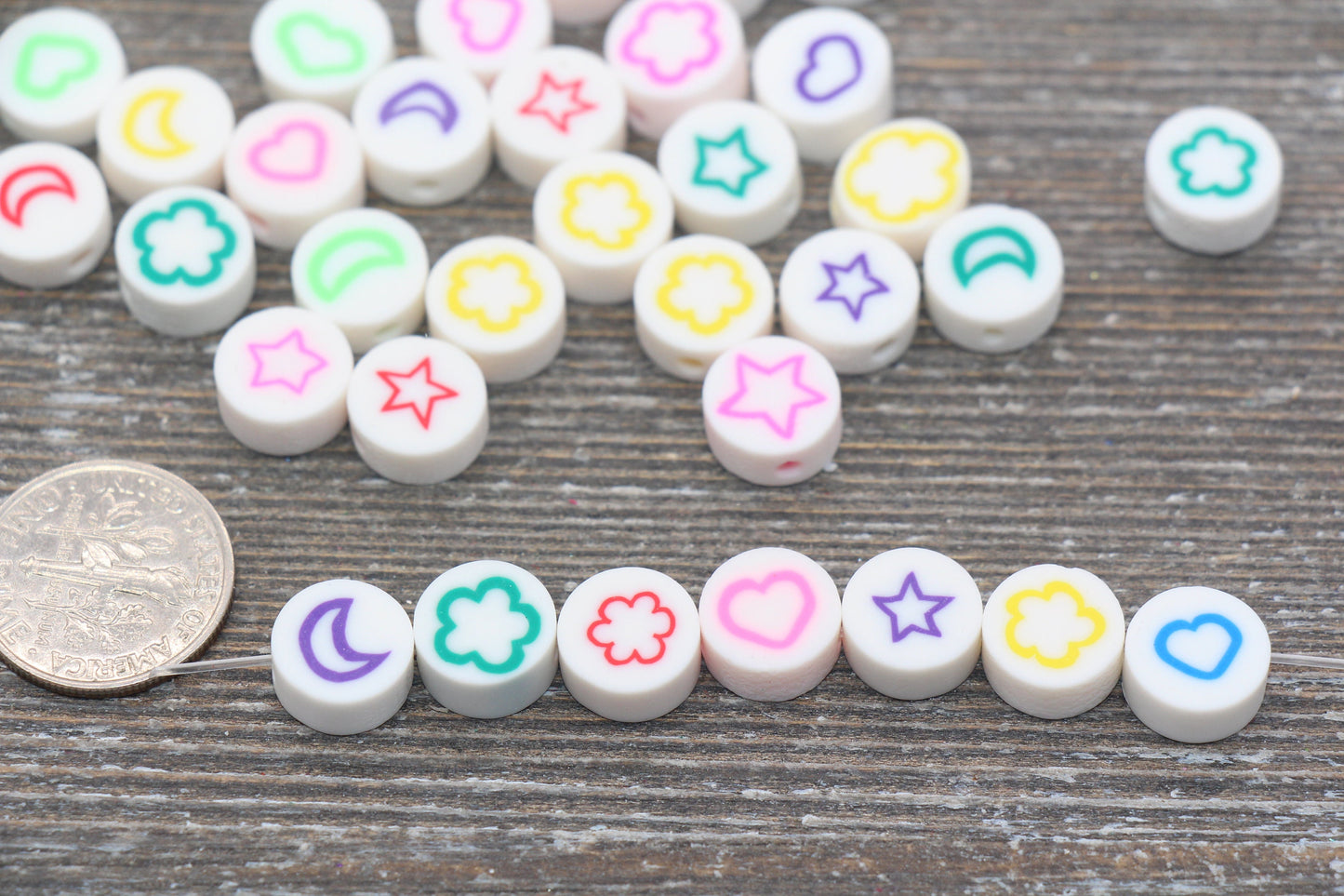 Flower, Heart, Star, Moon Beads, Polymer Clay Beads, Clay Cane Beads, Assorted Symbol Beads, Multicolor Clay Beads #51