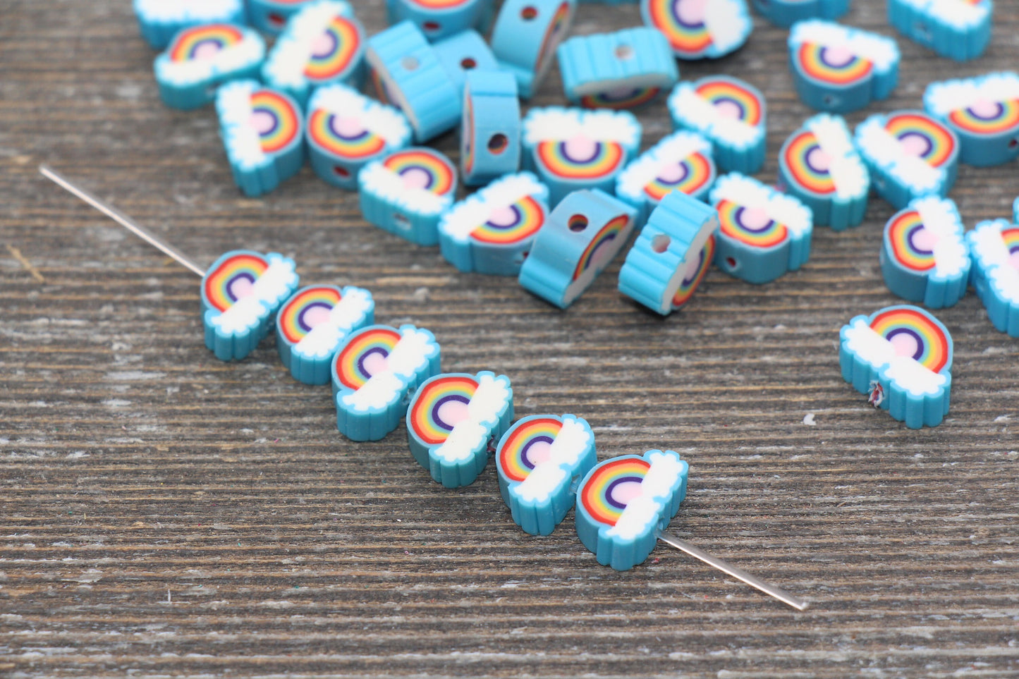Rainbow and Cloud Polymer Clay Beads, Rainbow Cane Beads, Cloud Cane Beads, Fimo Cane Beads, Jewelry Beads, Beads for Bracelet #49
